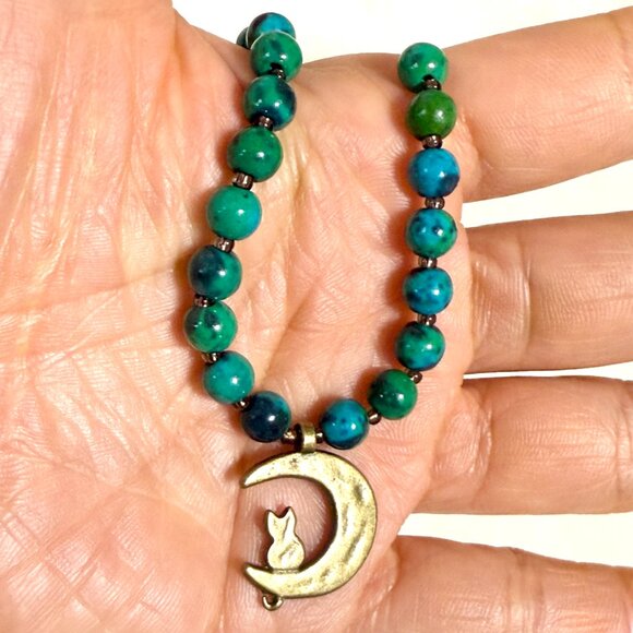 Teal Chrysocolla Short Necklace, Genuine Gemstone & Bronze Cat on the Moon Charm - Picture 13 of 13